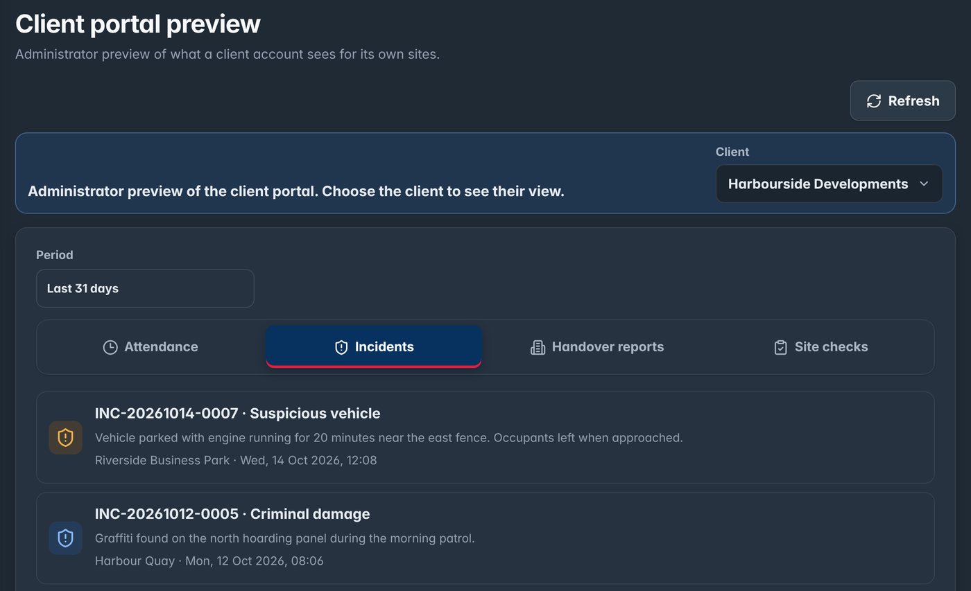 Client portal showing a client's own incidents.