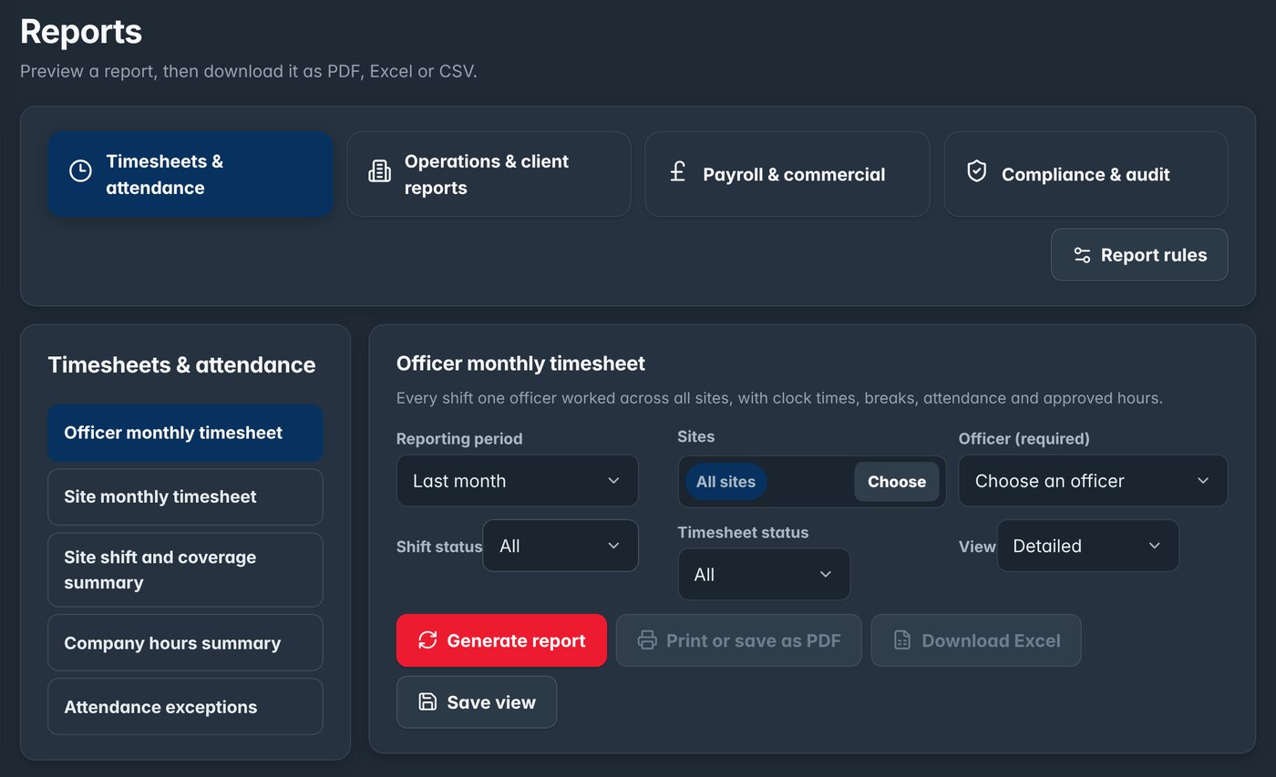 Reports: timesheets, operations, payroll and compliance.