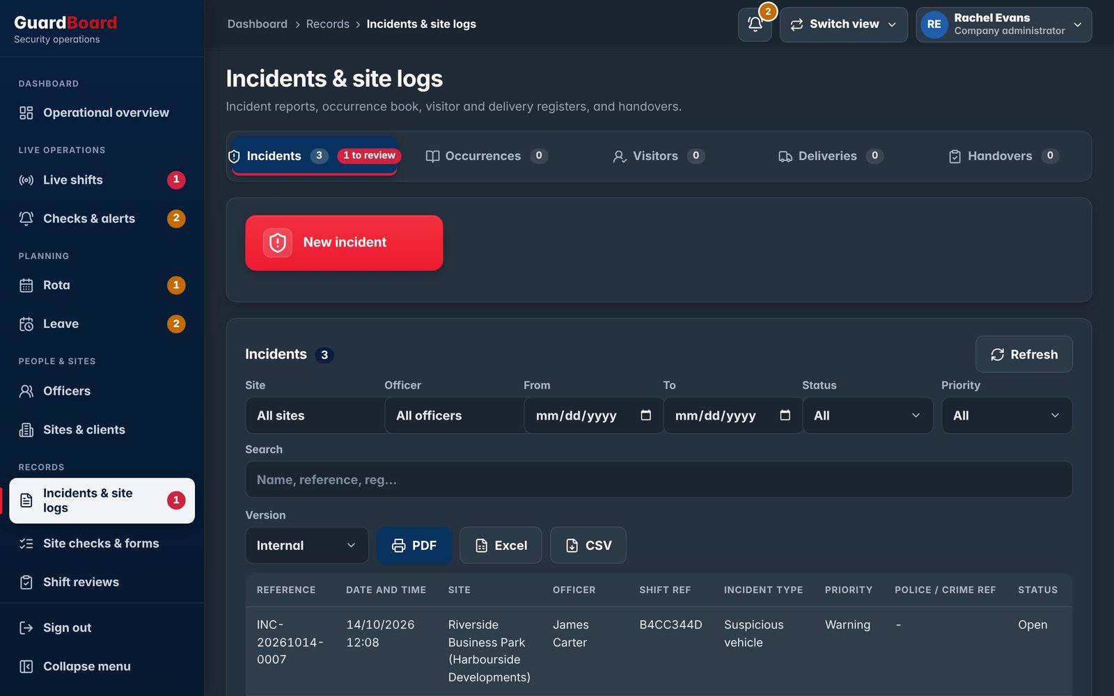 Incidents and site logs with filters and PDF, Excel and CSV downloads.