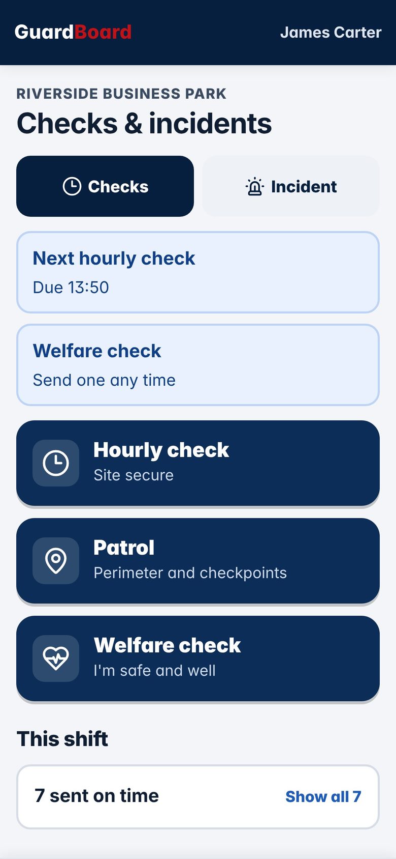 Officer app checks screen with hourly, patrol and welfare checks