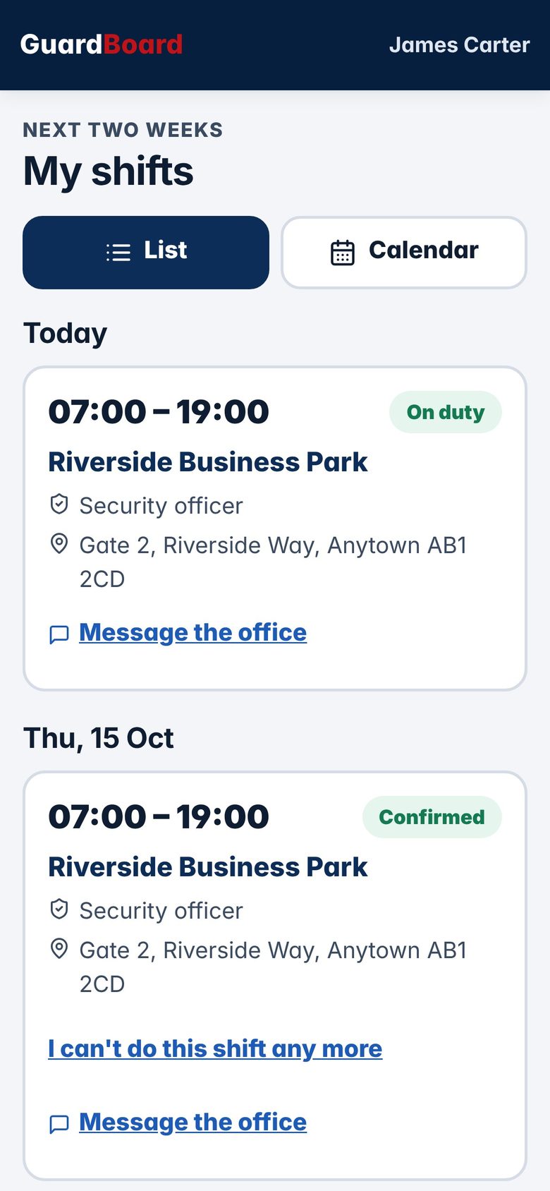 Officer app My shifts list