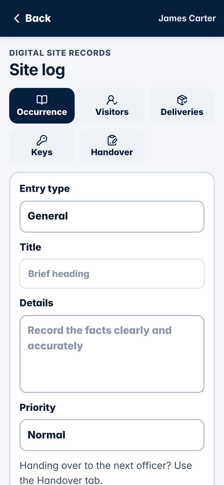 Officer app digital site log